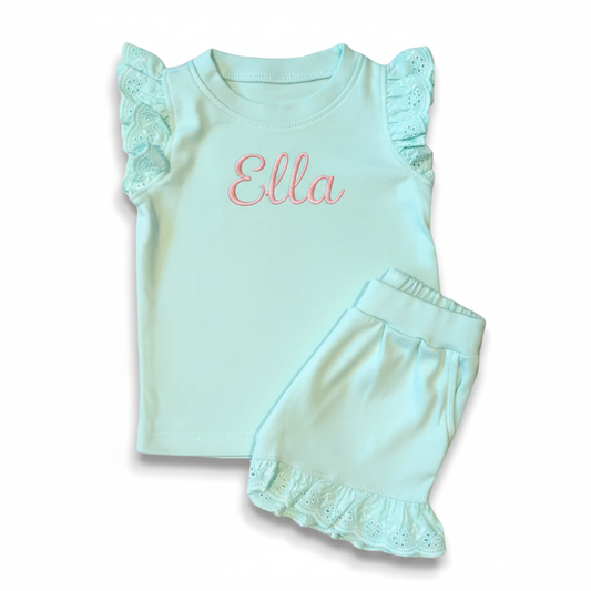 Mint pyjama set with Ella embroidery