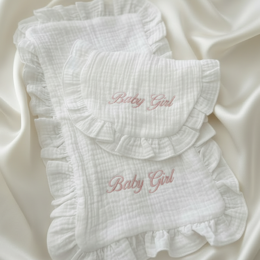 Baby Girl Frill Muslin & Bib Set - Satin Background