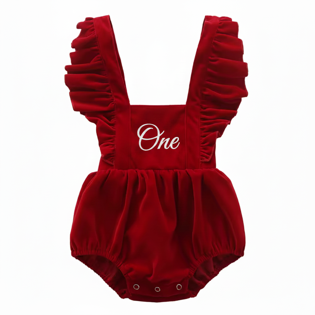 Red velvet romper with large white One embroidery