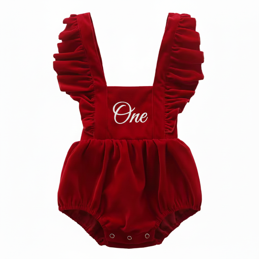 Red velvet romper with large white One embroidery