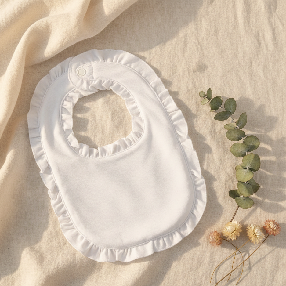 White frilly baby bib - aesthetic flat-lay